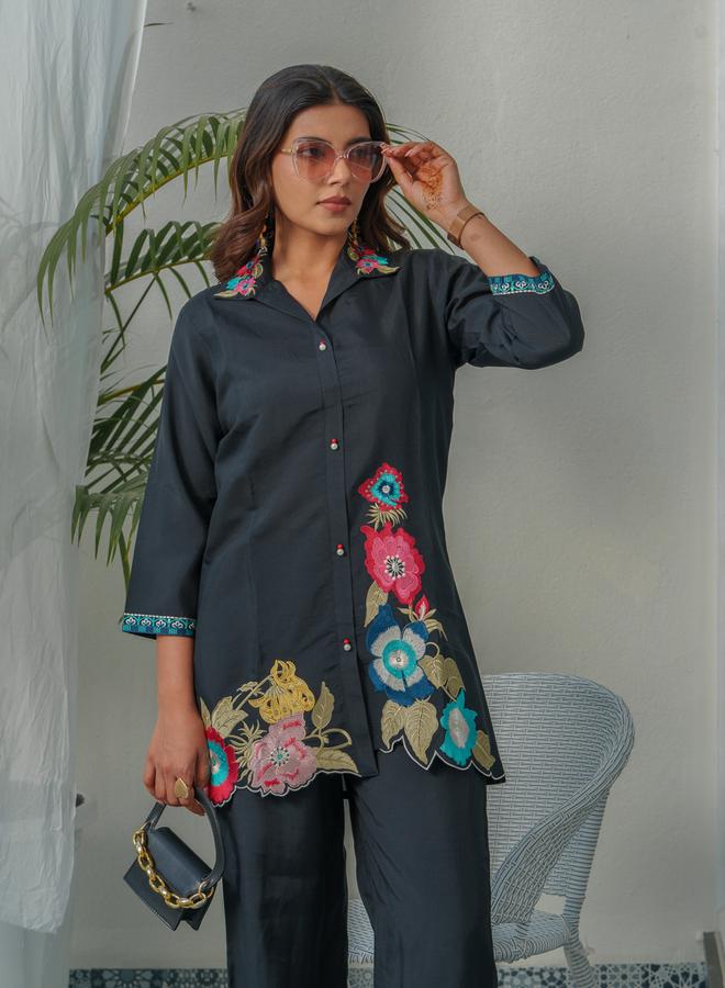 DW Women Floral Embroidered Shirt and Trousers Co-Ords - Image 1